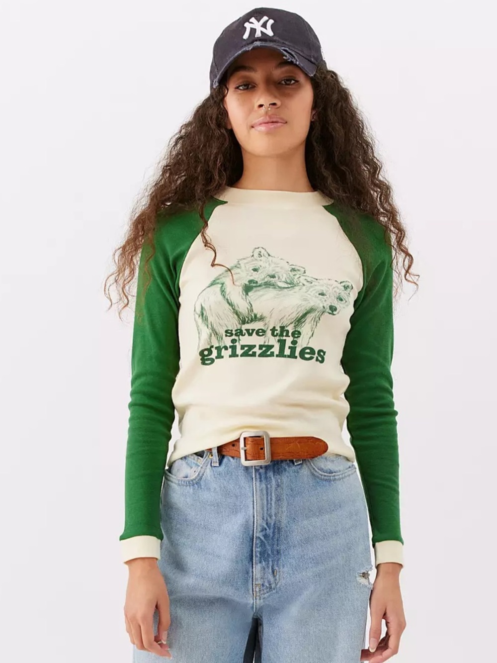 Urban Outfitters Green & Cream 'Save the Grizzlies' Raglan Long Sleeve Tee